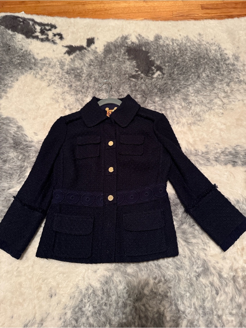 Tory Burch Navy Tweed Blazer with Embellished Waist
